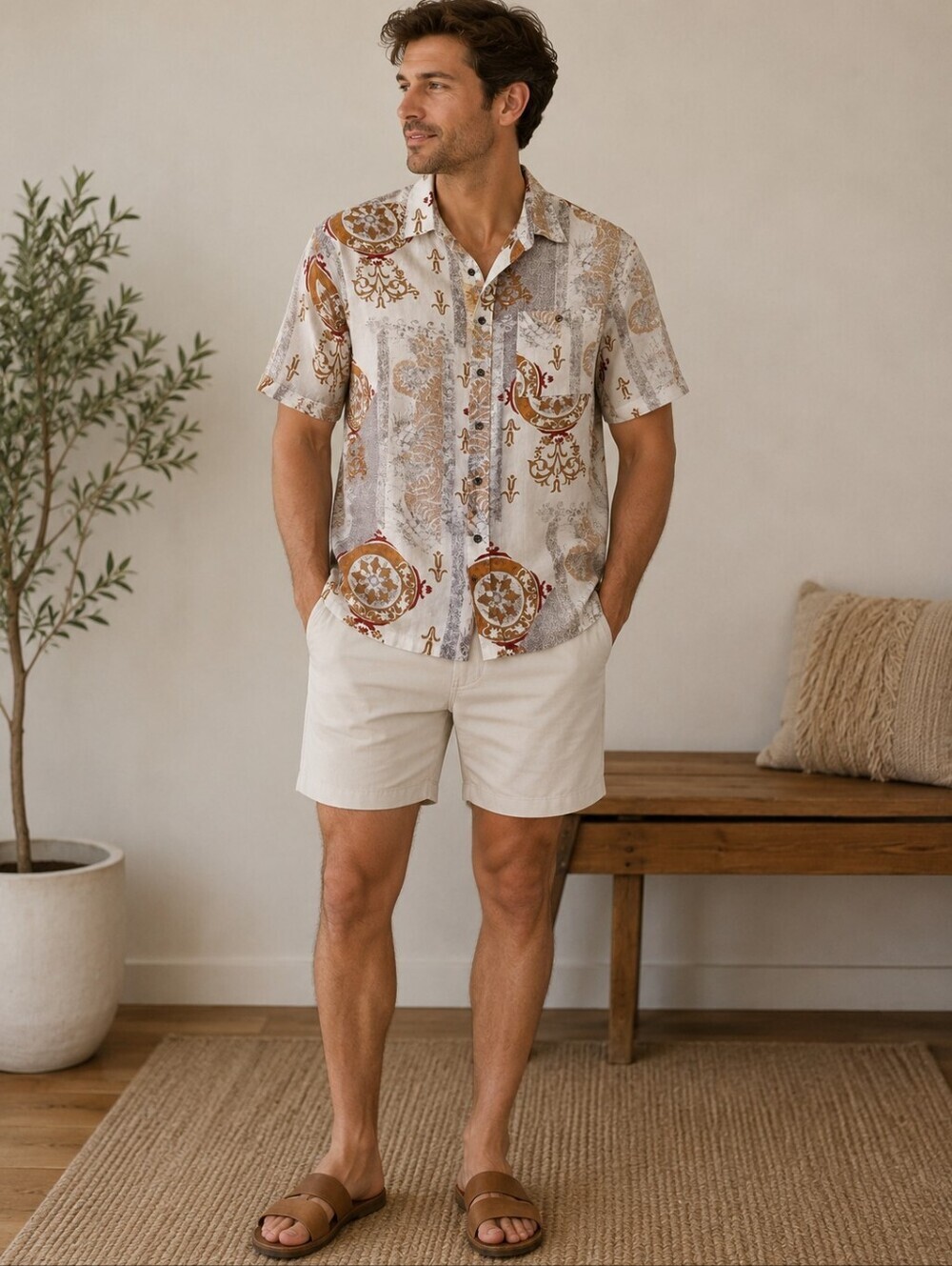 Bernini Men's 100% Linen Camp Shirt Medium Baroque Medallion Print Resort Shirt